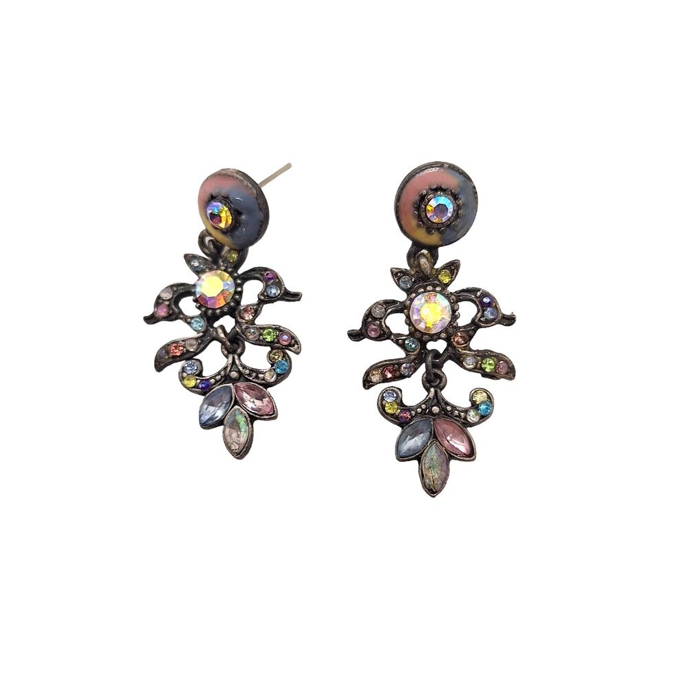 Dangle Earrings Multicolor Rhinestones Pewter Tone Posts